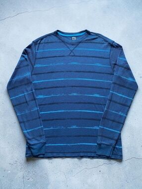 VTG First Wave Boys Long Sleeve Shirt 18/20 Waffle Knit Blue Striped Crewneck